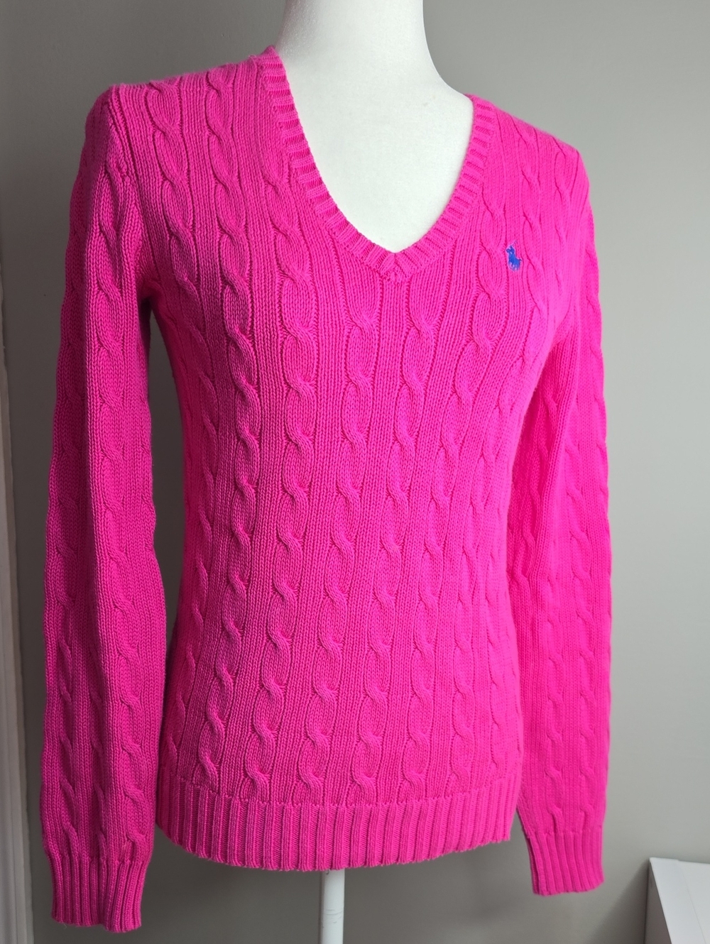 Ralph Lauren Hot Pink Cable-Knit V-Neck Sweater